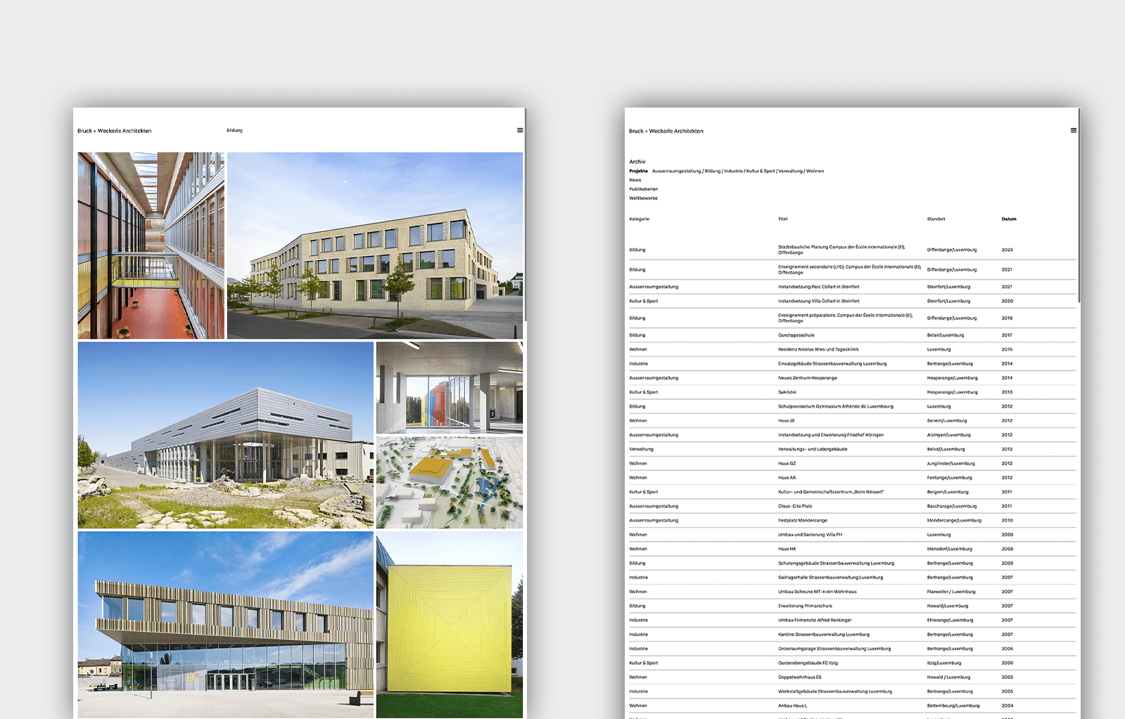 Zwei verschiedene Ansichten der Webseite für Bruck + Weckerle Architekten nebeneinander