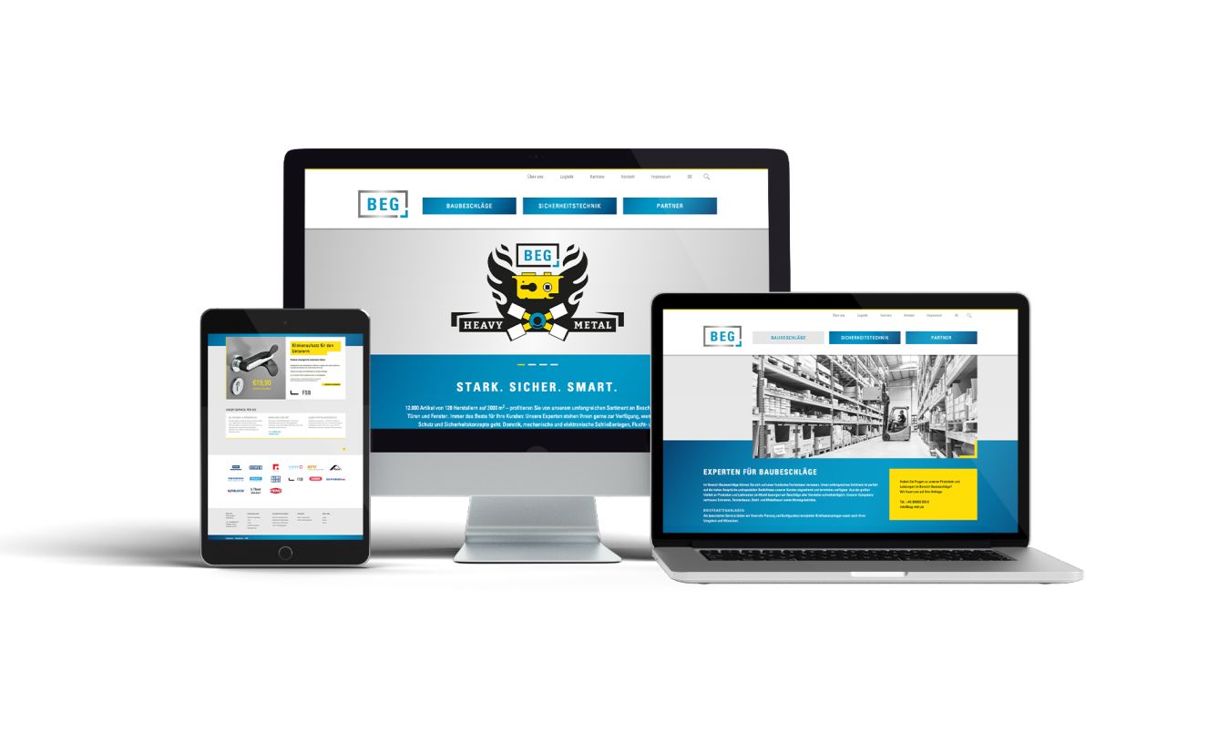Bilder von der Website der Firma BEG, gezeigt wird die Website auf drei verschiedenen Geräten um das Responsive Design zum Ausdruck zu bringen