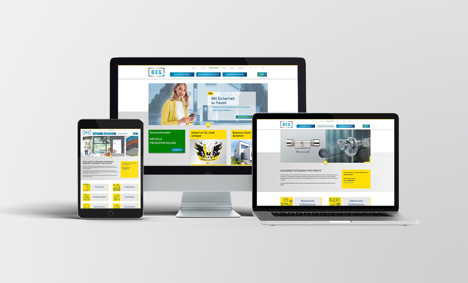 Typo3 Webseite von BEG, zu sehen auf drei verschiedenen Geräten (Desktop, Tablet und Laptop)
